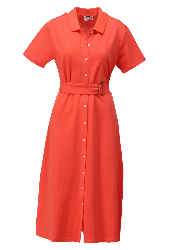 Hot coral midi polo dress with buttons